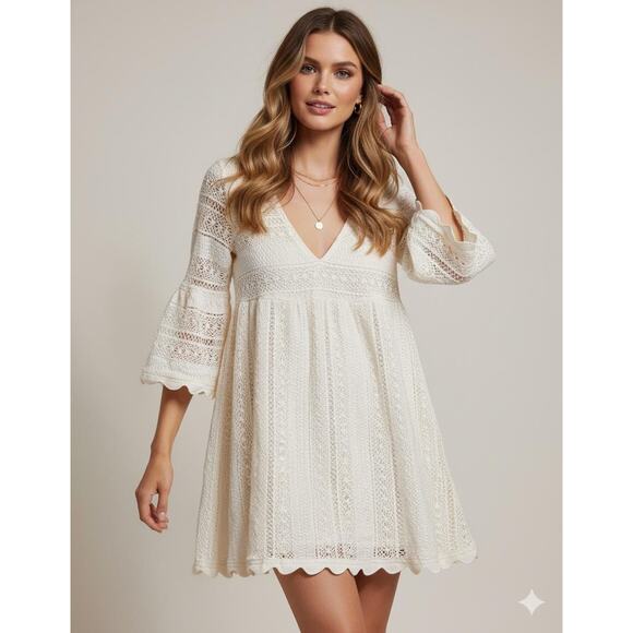 Pomander Place Tuckernuck Mini Dress Small Ivory Crochet Lace Bell Sleeve Boho - Picture 13 of 13